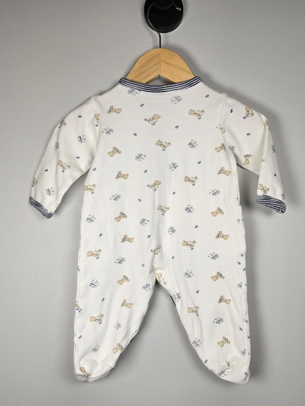 First Impressions White Footed One-Piece with Navy Trim and Puppy Print